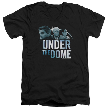 Black men's v-neck t-shirt with Under the Dome Character Art graphic