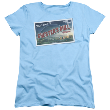 Light blue women's t-shirt with Under the Dome Postcard graphic
