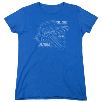 Royal women's t-shirt with Star Trek Phaser Plans graphic