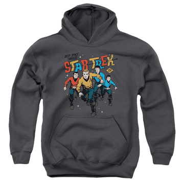 Charcoal youth hoodie for ages 8 to 12 with Star Trek The Original Series Deep Space Thrills graphic