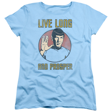 Light blue women's t-shirt with Star Trek Long Life graphic