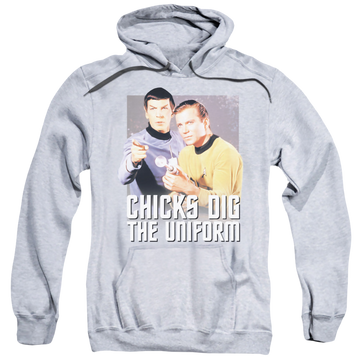 Athletic heather pullover hoodie with Star Trek The Original Series Chicks Dig graphic