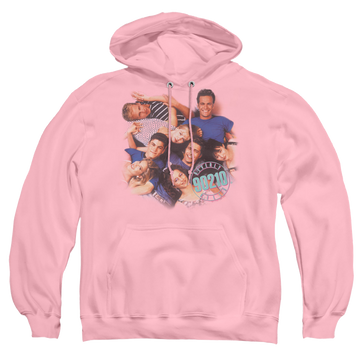 Pink pullover hoodie with Beverly Hills 90210 Gang In Logo graphic