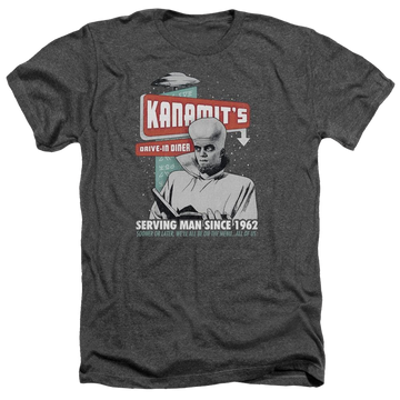Charcoal men's heather t-shirt with The Twilight Zone Kanamits Diner graphic