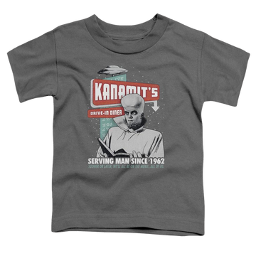 Charcoal toddler t-shirt with The Twilight Zone Kanamits Diner graphic