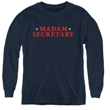 Navy youth long sleeve t-shirt with Madam Secretary Logo graphic