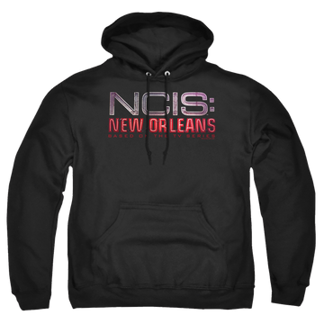 Black pullover hoodie with NCIS New Orleans Neon Sign graphic