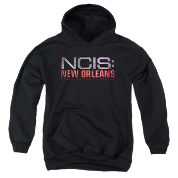 Black youth hoodie for ages 8 to 12 with NCIS New Orleans Neon Sign graphic