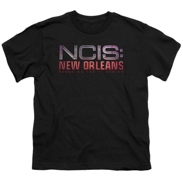 Black youth t-shirt for ages 8 to 12 with NCIS New Orleans Neon Sign graphic