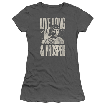 Charcoal juniors t-shirt with Star Trek Prosper graphic