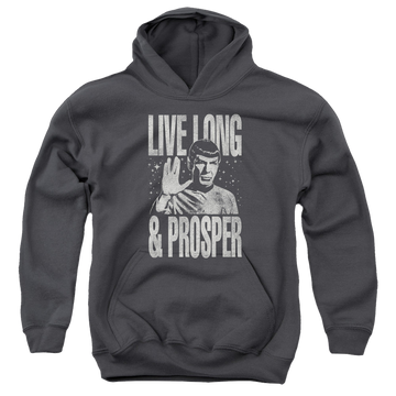 Charcoal youth hoodie for ages 8 to 12 with Star Trek The Original Series Prosper graphic