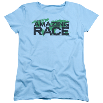 Light blue women's t-shirt with The Amazing Race Race World graphic