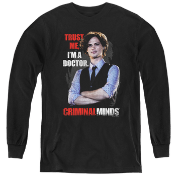 Black youth long sleeve t-shirt with Criminal Minds Trust Me graphic