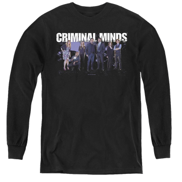 Black youth long sleeve t-shirt with Criminal Minds Season 10 Cast graphic