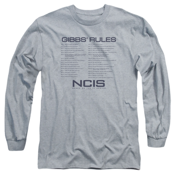 Athletic heather men's long sleeve t-shirt with NCIS Gibbs Rules graphic