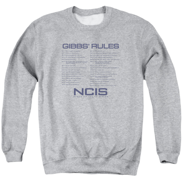 Athletic heather men's crewneck sweatshirt with NCIS Gibbs Rules graphic