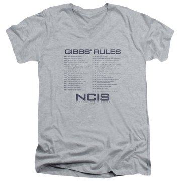 Athletic heather men's v-neck t-shirt with NCIS Gibbs Rules graphic