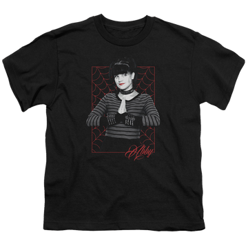 Black youth t-shirt for ages 8 to 12 with NCIS Abby Webs graphic