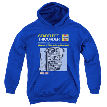 Royal youth hoodie for ages 8 to 12 with Star Trek The Original Series Tricorder Manual graphic