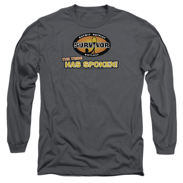 Charcoal men's long sleeve t-shirt with Survivor Tribe Has Spoken graphic
