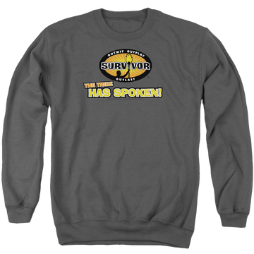 Charcoal men's crewneck sweatshirt with Survivor Tribe Has Spoken graphic