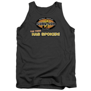 Charcoal men's tank with Survivor Tribe Has Spoken graphic