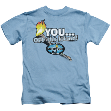 Carolina blue kid's t-shirt for ages 4 to 7 with Survivor You Off The Island graphic
