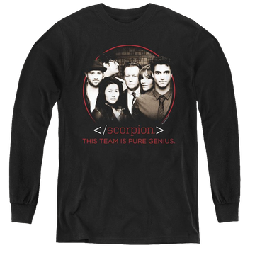 Black youth long sleeve t-shirt with Scorpion Cast graphic