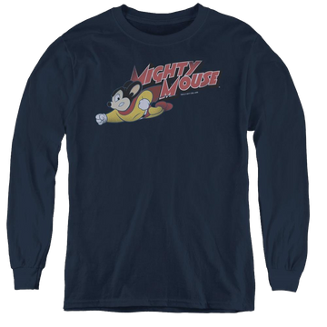 Navy youth long sleeve t-shirt with Mighty Mouse Mighty Retro graphic