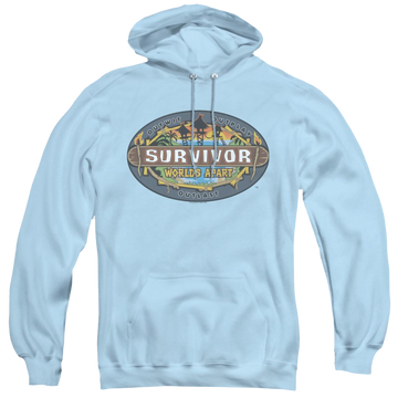 Light blue pullover hoodie with Survivor Worlds Apart Logo graphic