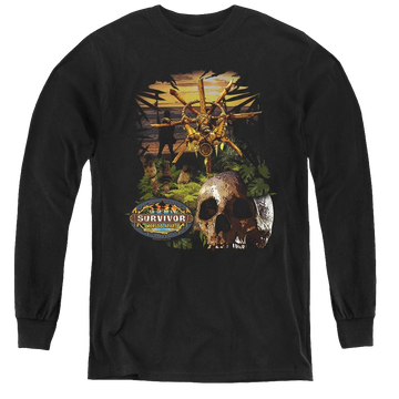 Black youth long sleeve t-shirt with Survivor Jungle graphic