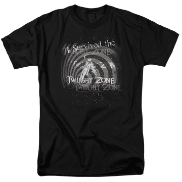 Black men's regular fit t-shirt with The Twilight Zone I Survived graphic