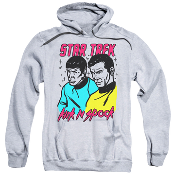 Athletic heather pullover hoodie with Star Trek The Original Series Kirk N Spock graphic
