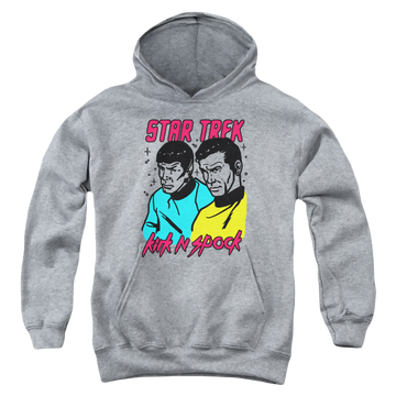 Athletic heather youth hoodie for ages 8 to 12 with Star Trek The Original Series Kirk N Spock graphic