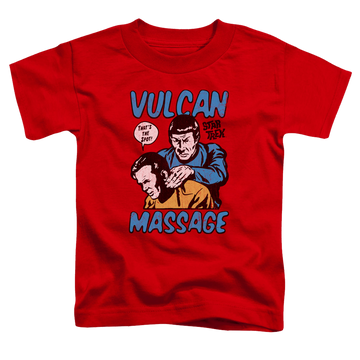 Red toddler t-shirt with Star Trek Massage graphic