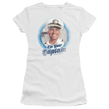 White juniors t-shirt with The Love Boat Im Your Captain graphic