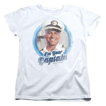 White women's t-shirt with The Love Boat Im Your Captain graphic