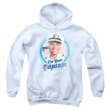 White youth hoodie for ages 8 to 12 with The Love Boat Im Your Captain graphic