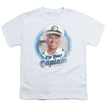 White youth t-shirt for ages 8 to 12 with The Love Boat Im Your Captain graphic