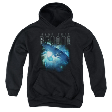 Black youth hoodie for ages 8 to 12 with Star Trek Beyond Voyage graphic