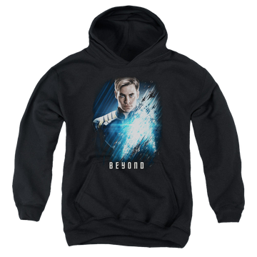 Black youth hoodie for ages 8 to 12 with Star Trek Beyond Kirk Poster graphic