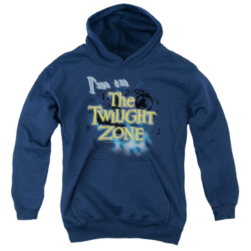 Navy youth hoodie for ages 8 to 12 with Im In The Twilight Zone graphic