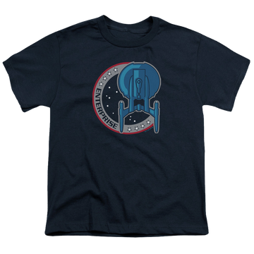 Navy youth t-shirt for ages 8 to 12 with Star Trek Enterprise Patch graphic