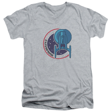 Athletic heather men's v-neck t-shirt with Star Trek Enterprise Patch graphic