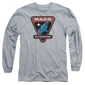 Athletic heather men's long sleeve t-shirt with Star Trek Enterprise Maco Patch graphic