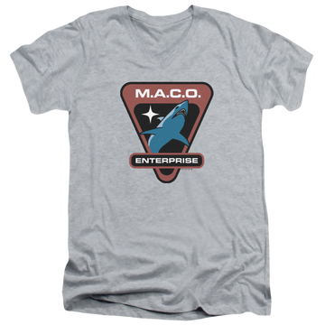 Athletic heather men's v-neck t-shirt with Star Trek Enterprise Maco Patch graphic