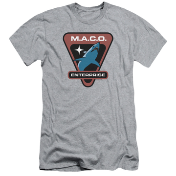 Athletic heather men's premium slim fit t-shirt with Star Trek Enterprise Maco Patch graphic