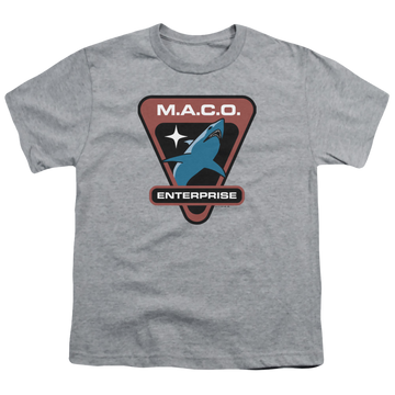 Athletic heather youth t-shirt for ages 8 to 12 with Star Trek Enterprise Maco Patch graphic