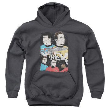 Charcoal youth hoodie for ages 8 to 12 with Star Trek The Original Series Illustrated Crew graphic