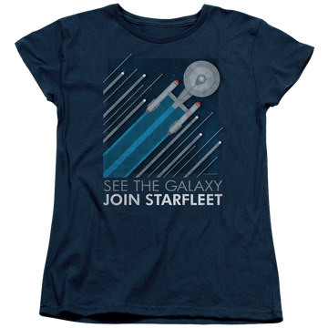 Navy women's t-shirt with Star Trek Starfleet Recruitment Poster graphic
